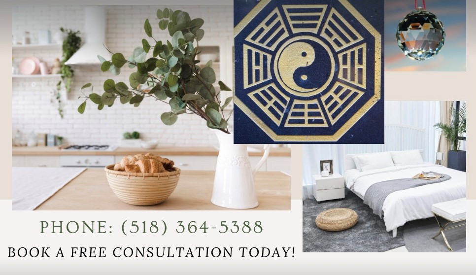 Image promoting Feng Shui consultation services, featuring a modern kitchen, a relaxing bedroom setup, a decorative Feng Shui symbol, and contact information for booking a free consultation.