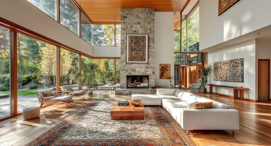 A spacious and elegantly designed living room featuring a large stone fireplace, large windows letting in natural light, modern furniture, and colorful artwork on the walls.